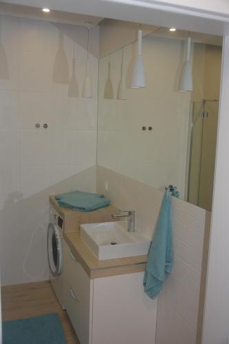 a bathroom with a sink and a washing machine at Apartament Royal Place II Jurowiecka 17 in Białystok