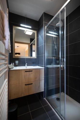 une salle de bain avec un lavabo et une douche en verre dans l'établissement TERRESENS - Neige et Soleil, à Les Deux Alpes