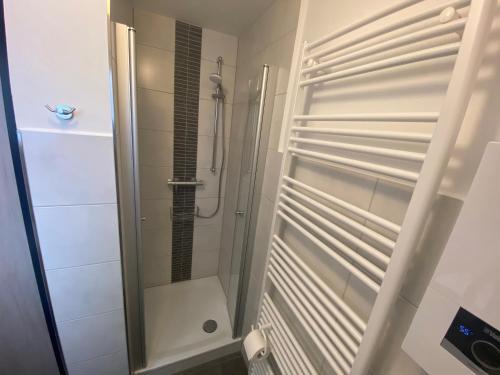 a bathroom with a shower with a glass door at Ferienhaus Küstelblick in Medebach