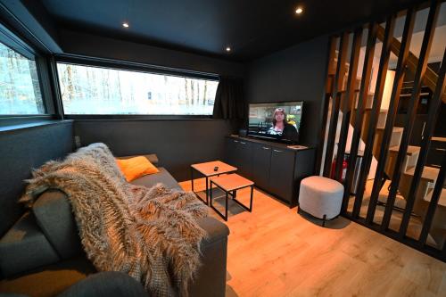 een woonkamer met een bank en een televisie bij Forest cube Tradition in Petit Mesnil