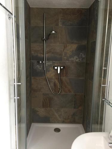 a bathroom with a shower with a glass door at Ferienwohnung Pusteblume in Alpirsbach