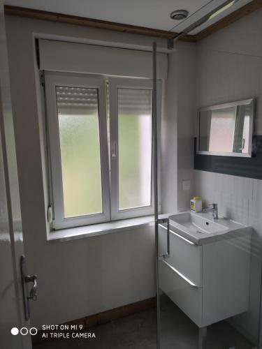 ein Bad mit einem Waschbecken und einem Fenster in der Unterkunft L'Ecureuil in Barbey-Séroux