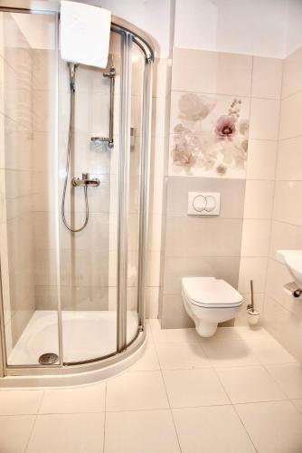 a bathroom with a shower and a toilet at Hotel Komfort in Krzywaczka