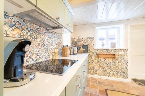 a kitchen with a sink and a tv on a counter at Luettliv-Huus I in Wyk auf Föhr