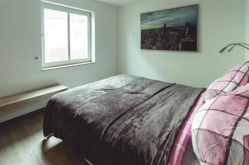 a bedroom with a bed and a window at Stadtwohnung am Alleenring in Kirchheim unter Teck