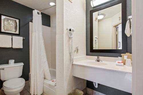 a bathroom with a sink and a toilet and a mirror at Suburban Studios Orlando - Ocoee-Winter Garden in Orlando