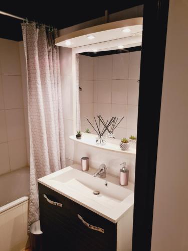 a bathroom with a sink and a mirror at Klif studio 612 La Panne in De Panne