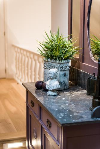 a table with a potted plant on top of it at Een prachtige en luxueuze vakantiewoning dat is Hof Leskensdaele in Geraardsbergen