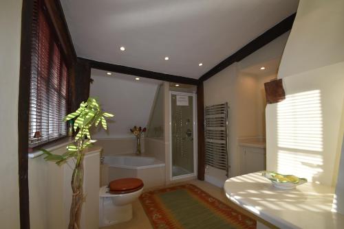 Un baño con inodoro, ducha y lavabo. en Whitefriars, Rye - central location with parking for 3 cars - large family home, en Rye
