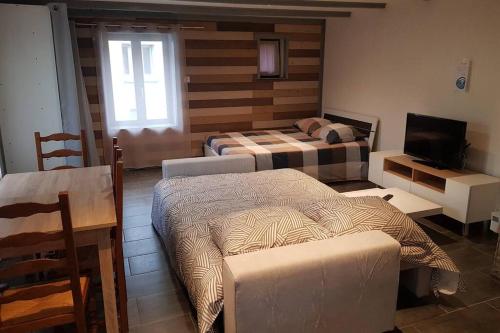 - une chambre avec 2 lits, une table et une télévision dans l'établissement Joli petit studio les brimbelles, à Granges-sur-Vologne