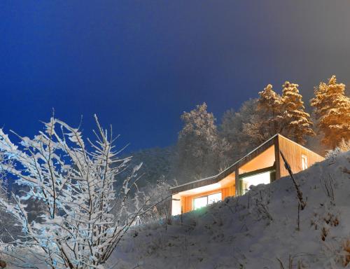 a house in the snow at night at Hardanger Fjordtun PANORAMA cabin near the Hardangerfjord with fantastic fjordview, silence and nature in Herand