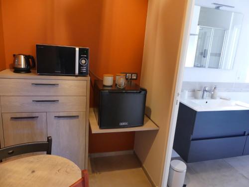a small kitchen with a microwave and a sink at Les Ambaciales in Amboise