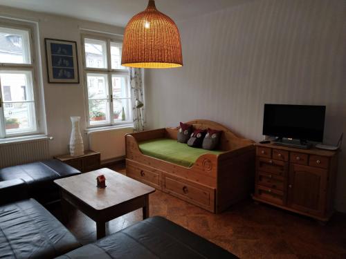 a living room with a couch and a flat screen tv at Apartmán u Mlsného medvěda in Bečov nad Teplou