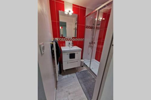 a bathroom with red walls and a sink and a mirror at Appartement F2 COSY proche de l'HYPER CENTRE in Caen