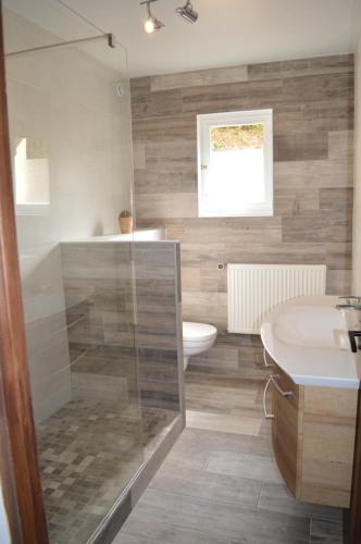 une salle de bain avec une douche, des toilettes et un lavabo dans l'établissement Les mansardes Le gîte, à Sarlat-la-Canéda