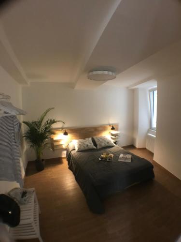 - une chambre avec un lit et une plante en pot dans l'établissement Carattino, à Vernazza