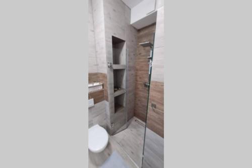 a bathroom with a glass shower and a toilet at Apartamenty Cieplicka 20a in Jelenia Góra