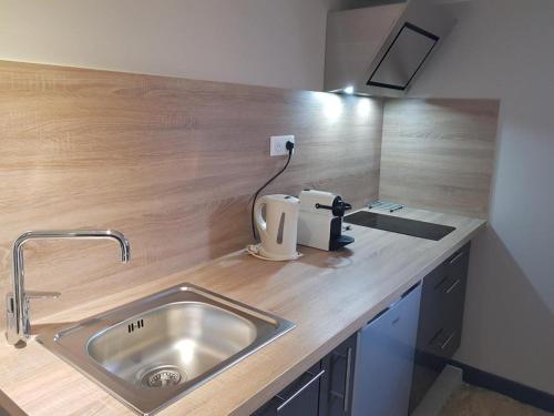 a kitchen counter with a sink and a mixer at Hotel L'Oustau de la Font in Reilhanette