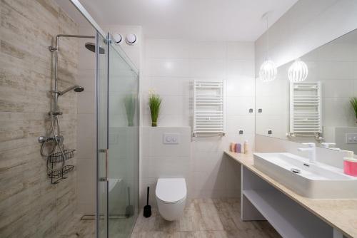 ein Bad mit einer Dusche, einem WC und einem Waschbecken in der Unterkunft CAMP NORD RESORT in Mielno