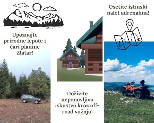 a collage of photos with a house and a car at Zlatarske brvnare Zlatar Chalets in Nova Varoš
