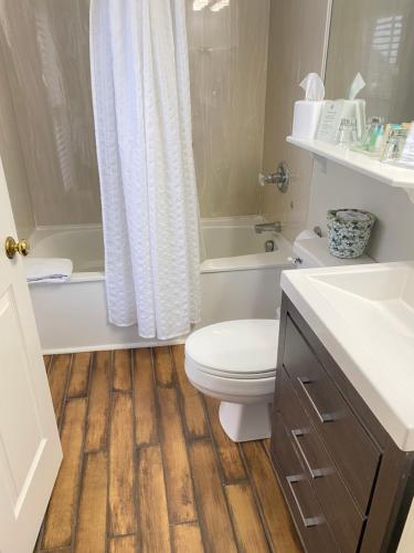 a bathroom with a toilet and a tub and a sink at Harbor House Inn in Grand Haven