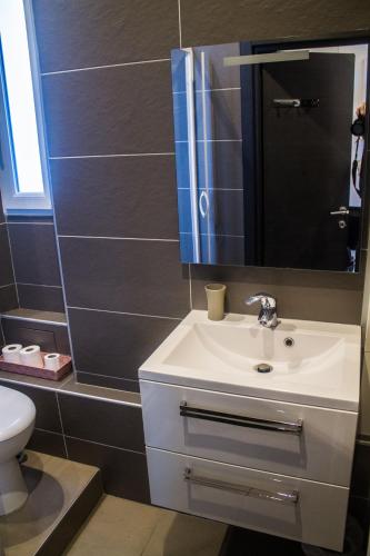 une salle de bain avec un lavabo blanc et un miroir dans l'établissement Appartement palais plages, à Cannes