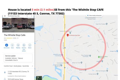 a map of the waffle stop cafe and a google maps at Vacation Pool House in the Serene Wilderness - Robert E Lee in Conroe