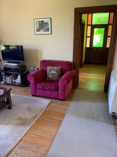 a living room with a purple couch and a tv at Villa in the Vines in Martinborough 