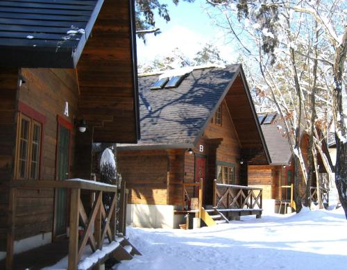 una baita di tronchi nella neve con una recinzione in legno di Hakuba Brownie Cottages a Hakuba