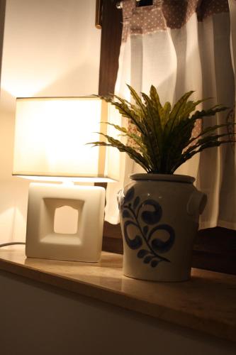 a plant in a vase on a table next to a lamp at Romantik Landhaus in Dresden