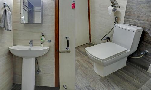 two pictures of a bathroom with a toilet and a sink at Treebo Umal Homestay Ganeshguri in Guwahati