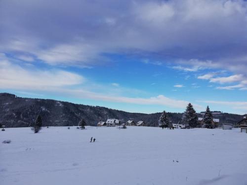 a person skiing in a snow covered field at Apartman Hasen Vlašić in Vlasic