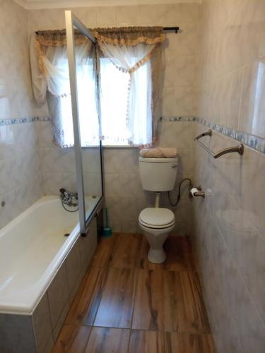 bagno con servizi igienici, vasca e finestra di Dante Guest house ad Alberton