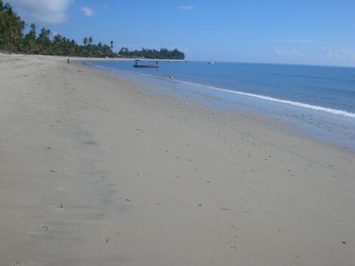 an empty beach with a boat in the water at Hibiscus Beach House in Pangani
