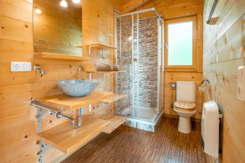 a bathroom with a sink and a shower and a toilet at Mountain-Chalets Sonnenberg in Nüziders