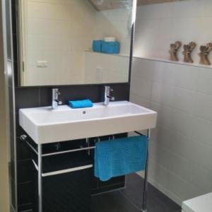 ein Badezimmer mit einem weißen Waschbecken und einem Spiegel in der Unterkunft Roggebroek 27 in Stavoren