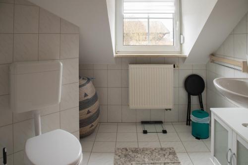 a bathroom with a toilet and a sink and a window at Ferienwohnungen Wittmann, Wohnung 2 OG., für bis zu 3 Personen in Bad Staffelstein
