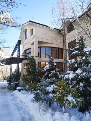 a house in the snow with trees in front of it at HUMSON BULOQ SANATORIUM in Khumson