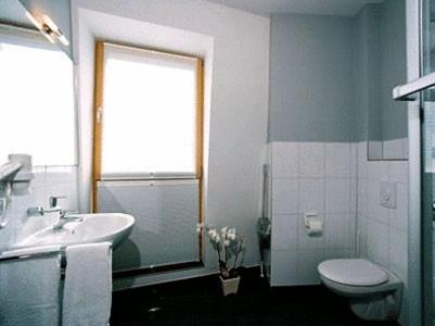 a bathroom with a sink and a toilet and a window at AKZENT Hotel Altenberge in Altenberge