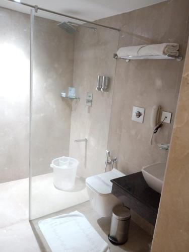 a bathroom with a shower and a toilet and a sink at Hotel Aadithya in Chennai