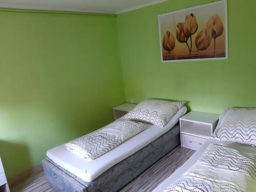 2 camas en una habitación con paredes verdes en Drawa, en Przesieki