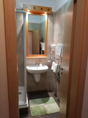 a bathroom with a sink and a mirror at Birdland Panorama Apartman in Bük