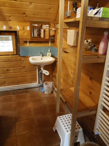 a bathroom in a log cabin with a sink at Planinarski dom "Tornik" Zlatibor in Ribnica