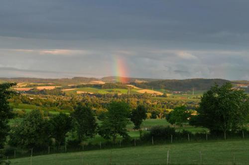 a rainbow in the sky over a field with trees at Giglerhof in Bad Birnbach