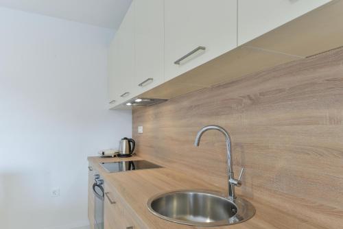 a kitchen with a stainless steel sink and wooden wall at Resort Mirakul in Vir