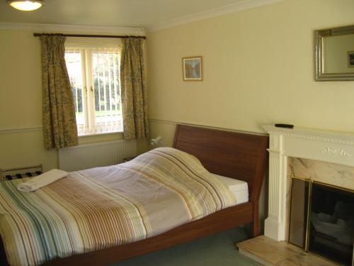 a bedroom with a bed and a fireplace at Simpson's Apartments in Daventry