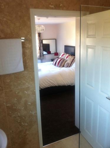 a bedroom with a bed and a door with a mirror at Bridge Hotel Brandon in Brandon