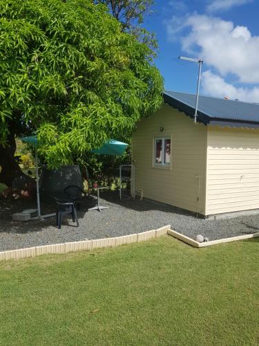 a green house with a tree and a lawn at chez rodrigue in Petit-Canal