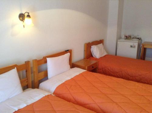 a hotel room with two beds with orange sheets at Guesthouse Kontorizos in Portariá