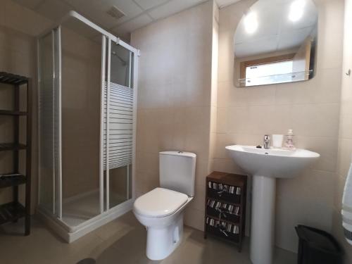 La salle de bains est pourvue de toilettes, d'un lavabo et d'une douche. dans l'établissement Modern apartment with large terrace in Mojon Hills, à Carthagène